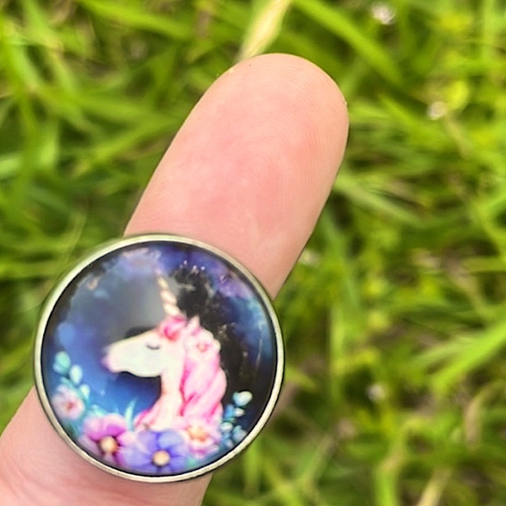 Floral fantasy unicorn silver whimsical enamel resin ring, size 6+ adjustable